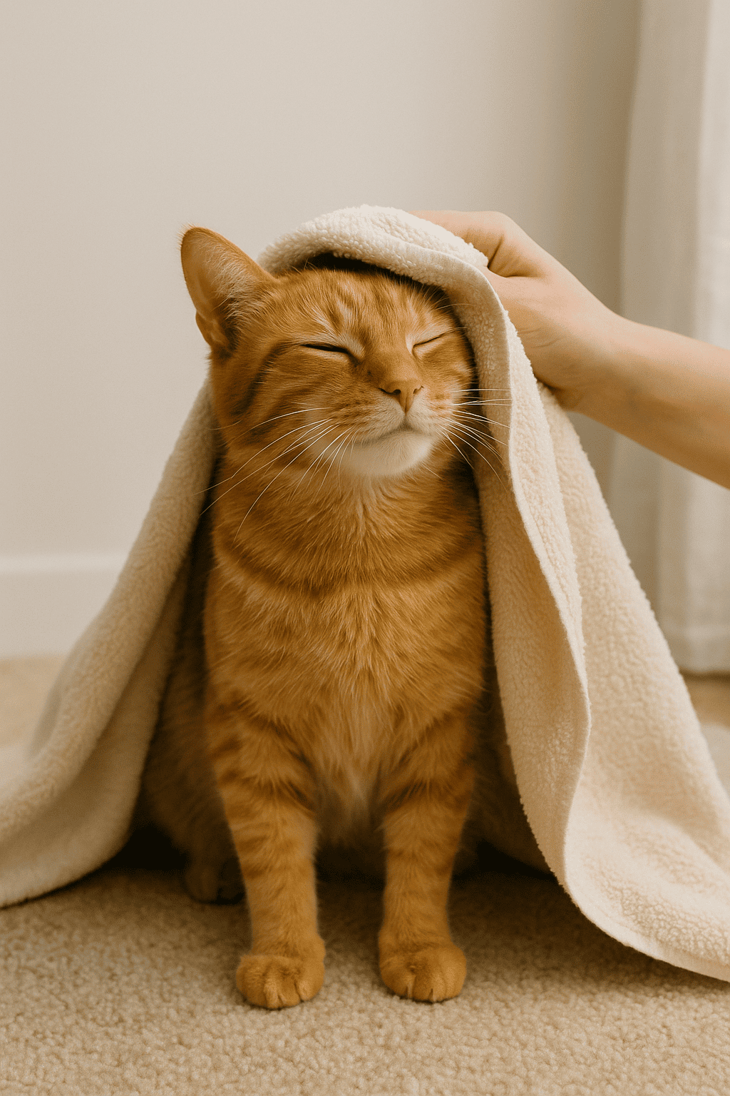 Gato atigrado naranja siendo secado con una toalla blanca suave mientras cierra los ojos relajado.